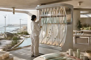 An environmental technician adjusts a ceramic and aluminum atmospheric data loom inside a bright coastal research pavilion with plants, water channels, and soft sea mist.
