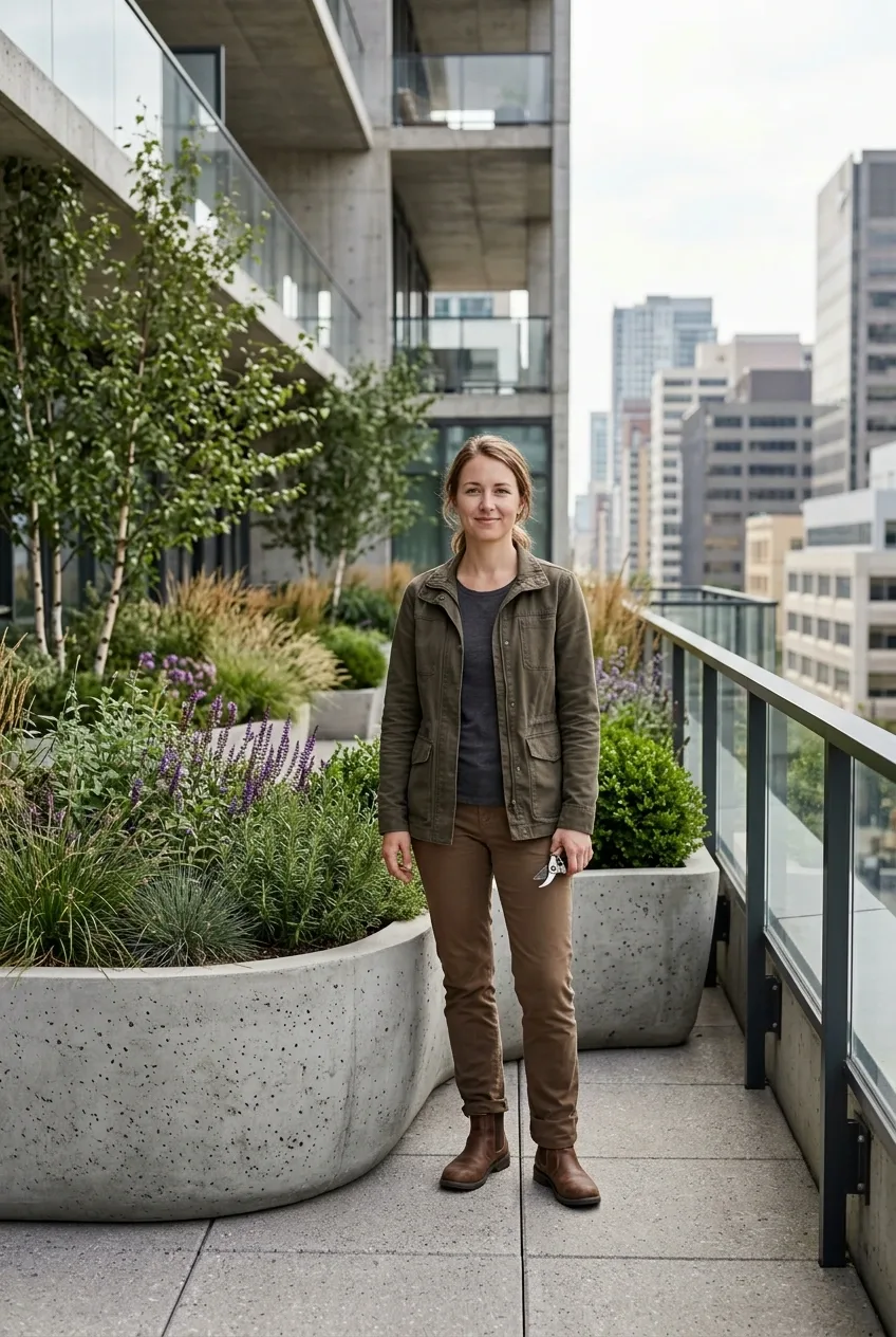 3D architectural visualization portrait of a rooftop garden designer beside a sculptural concrete planter on a contemporary terrace with lush greenery.