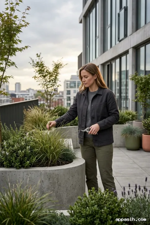 Close 3D architectural visualization portrait of a rooftop garden designer tending ornamental grass beside a concrete planter on a modern urban terrace.