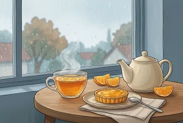 2D illustration of steaming citrus tea, a honey-glazed tart, orange slices, and a ceramic teapot beside a rainy café window.