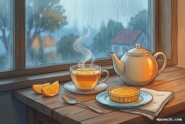 Wide 2D illustration of citrus tea, honey-glazed tart, orange slices, and a cream ceramic teapot on a café table beside a rain-covered window.