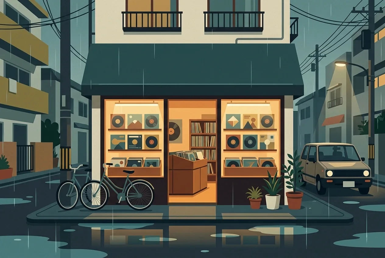 Flat 2D illustration of a rainy 1980s corner record shop with glowing windows, vinyl displays, parked bicycles, and reflections in street puddles.