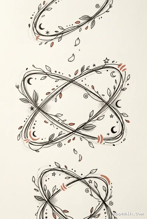 Closer abstract orbit garden drawing with five floating botanical rings, curling vines, seed forms, terracotta accents, and layered hand-drawn ink texture.