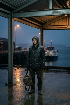 Ferry courier with a canvas bag waiting beneath a harbor canopy at night in rain and mist, photographed in a cinematic editorial style.