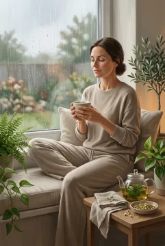 Digital painting of a woman holding herbal tea during a mindfulness ritual beside a rainy window with green houseplants.
