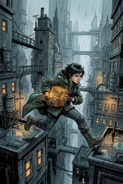 Cartoon comic book concept art of a rooftop courier jumping between rain-soaked towers while carrying a glowing clockwork parcel in a dense vertical city.