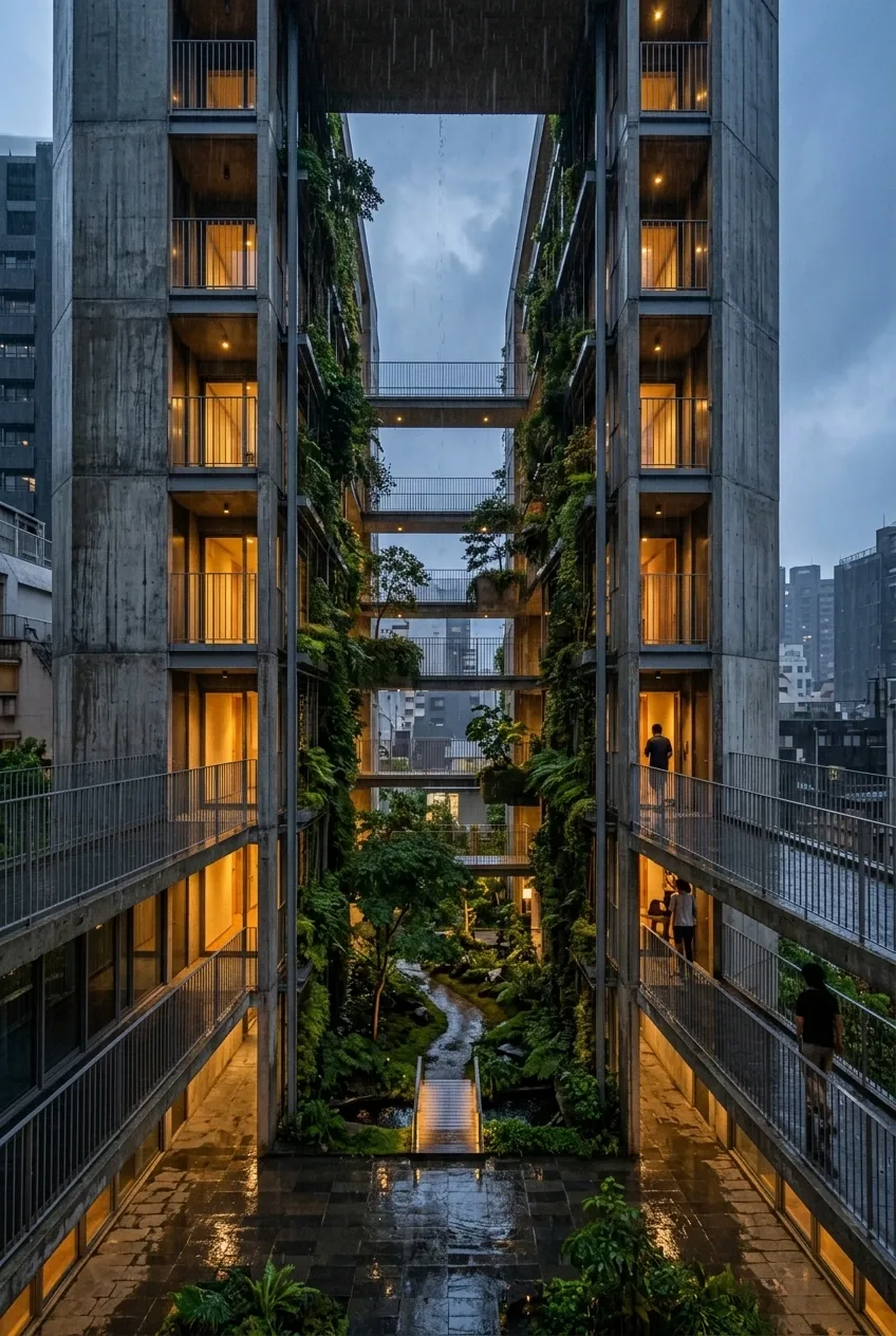 Cinematic concrete courtyard tower surrounding a lush vertical garden atrium during rain, with warm interior lights reflecting across wet stone paving.