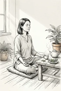 Ink drawing of a woman practicing mindful breathing beside a steaming cup of herbal tea and indoor plants in a quiet wellness setting.