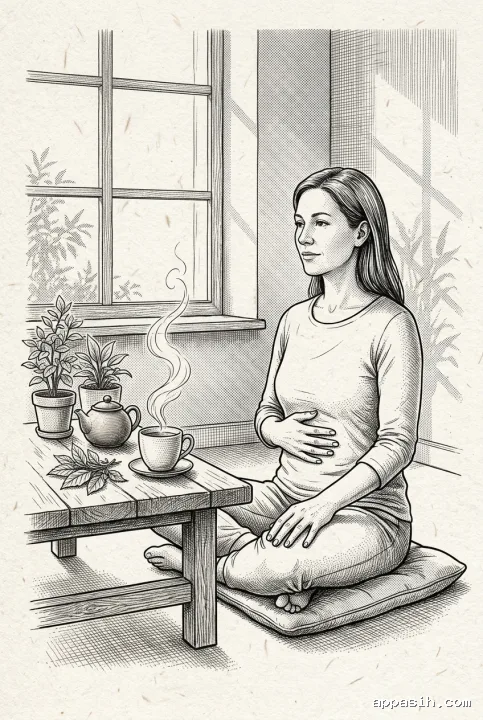 Detailed ink drawing of a woman continuing a mindful breathing ritual beside steaming herbal tea, a small teapot, and indoor plants in a peaceful room.