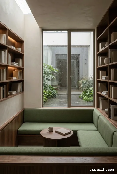 Closer editorial view of a rainy courtyard reading lounge with moss-green sunken seating, walnut shelving, limewash walls, and wet garden foliage.