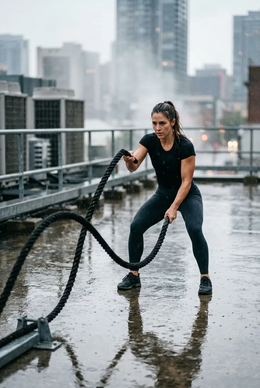 Athletic woman performing a battle rope workout on a rainy urban rooftop with cinematic lighting and wet concrete reflections.