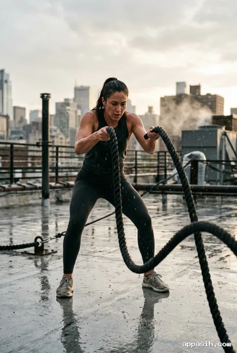 Athletic woman driving battle ropes on the same rainy urban rooftop, seen from a closer low three-quarter angle with cinematic rim lighting and reflective wet concrete.