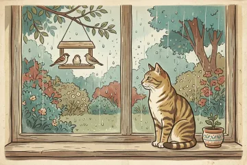 Retro vintage poster of a tabby cat sitting by a rainy window and watching small garden birds at a wooden feeder.
