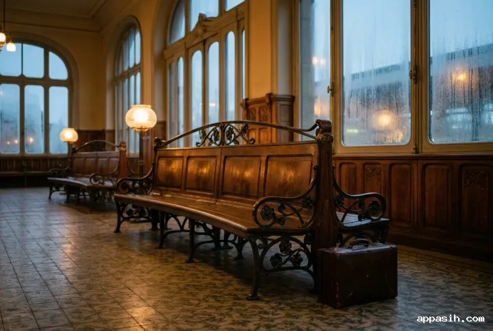 Detailed Retro Art Nouveau railway waiting room with curved wooden bench, floral ironwork, leather travel case, patterned tiles, warm lamps, and rain-darkened station windows.
