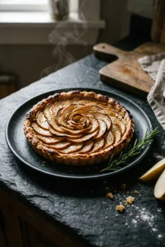 Cinematic honey-glazed pear tart on a dark ceramic plate with rosemary, pear wedges, crumbs, and gentle steam in a moody kitchen.