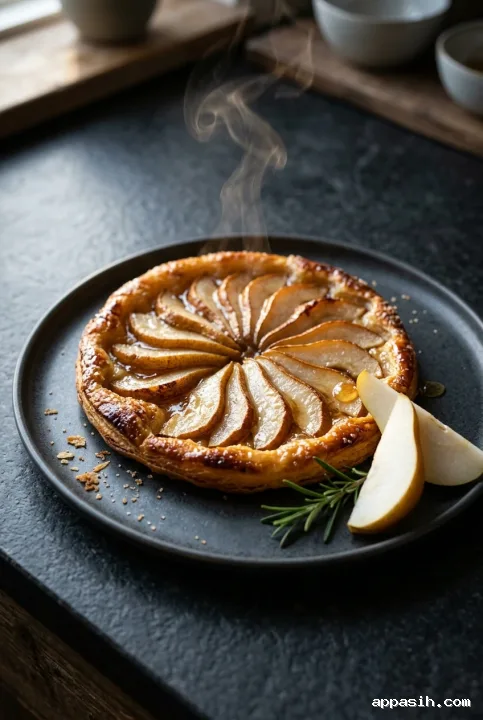 Close cinematic portrait of a warm honey-glazed pear tart with rosemary and pear wedges on a charcoal plate, lit by soft amber window light.