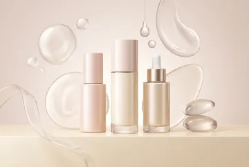 Three unbranded skincare serum bottles surrounded by translucent liquid pearls and abstract cosmetic droplets in a graphic beauty composition.