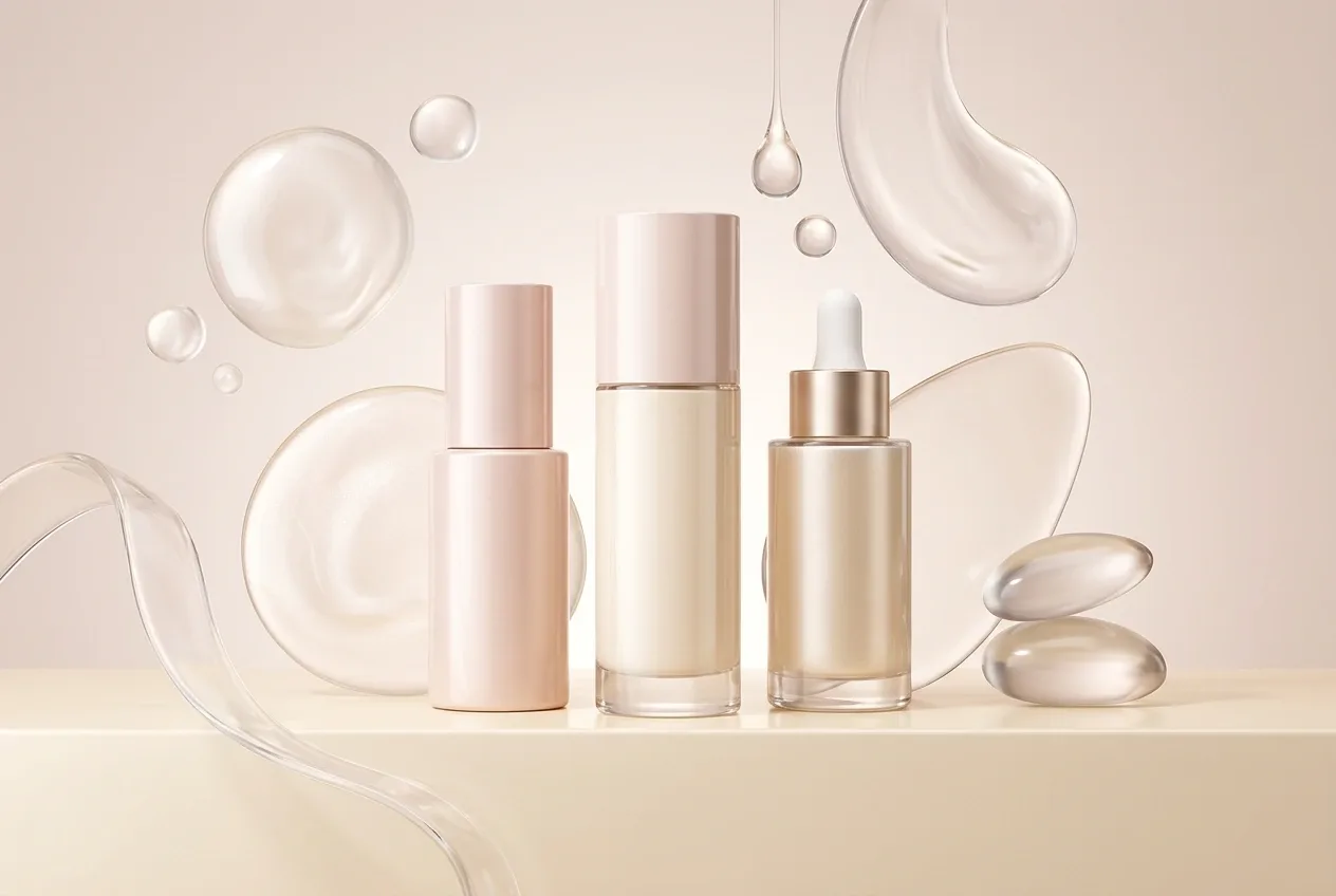Three unbranded skincare serum bottles surrounded by translucent liquid pearls and abstract cosmetic droplets in a graphic beauty composition.
