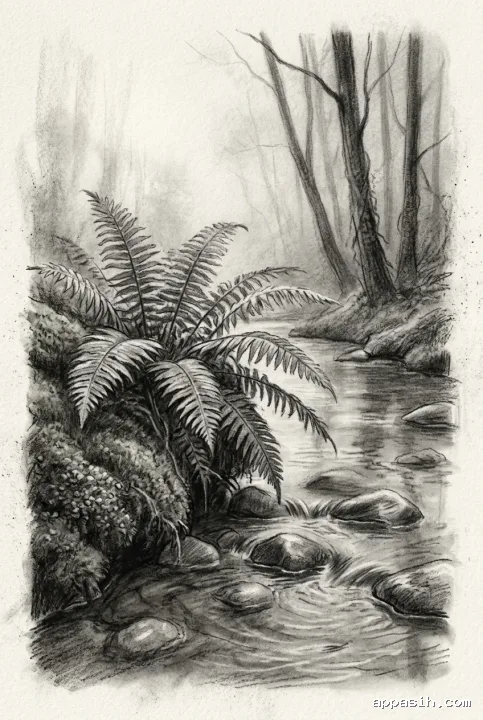 Detailed charcoal drawing of fern fronds on a mossy bank beside a misty woodland stream, with textured stones and filtered morning light.