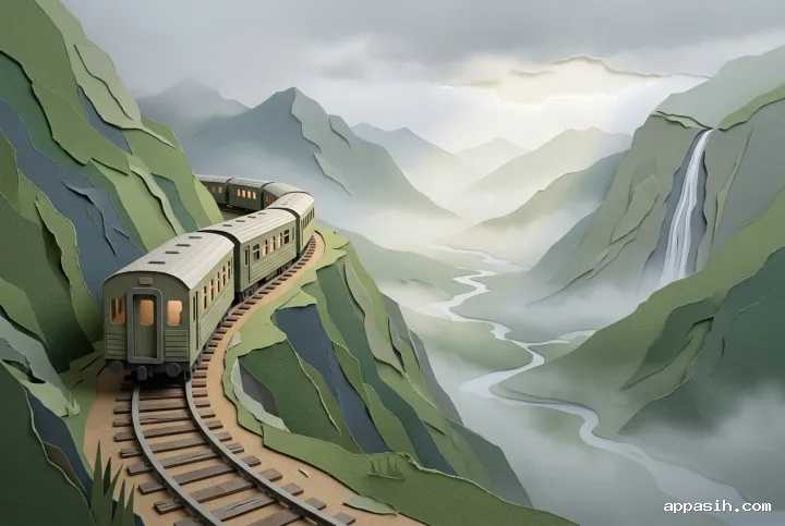 Detailed papercraft scenic train rounding a cliffside railway curve above the same misty highland valley, waterfall, streams, and layered mountains.
