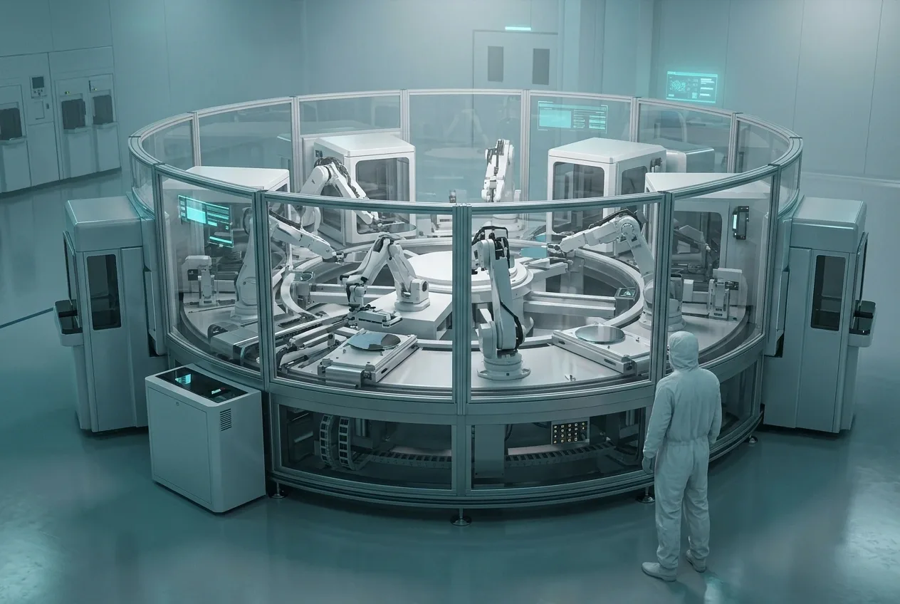 Autonomous microchip fabrication chamber with robotic wafer handlers operating inside a futuristic semiconductor cleanroom.