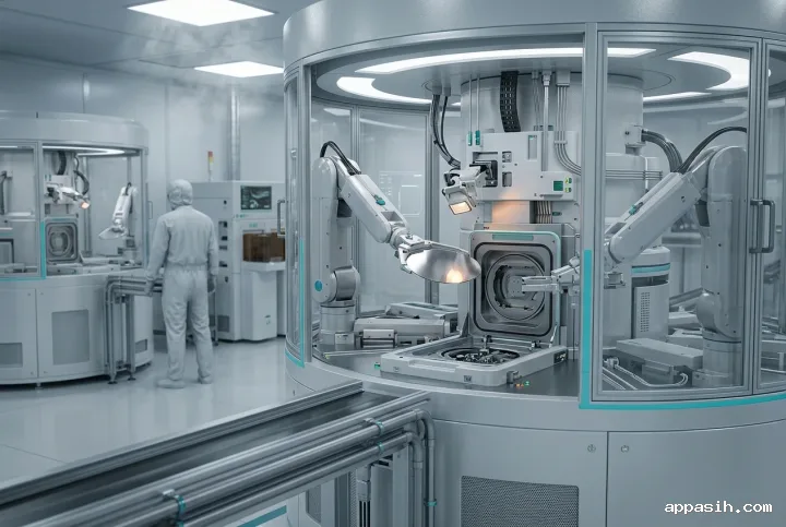 Detailed futuristic semiconductor cleanroom with an autonomous microchip fabrication chamber and robotic arm positioning a silicon wafer.