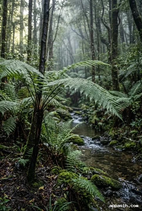 Close portrait view of silver ferns in the same misty forest ravine, with mossy stones, a narrow stream, wet tree trunks, and softly filtered morning light.