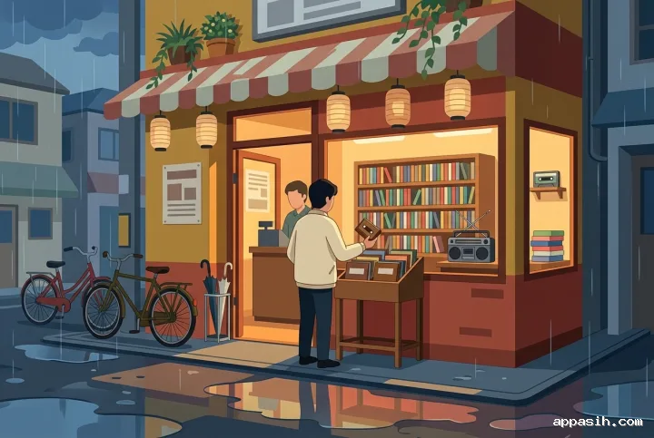 Closer flat illustration of the same rainy 1980s cassette shop, with a customer selecting a tape, warm window light, bicycles, umbrellas, and colorful reflections in street puddles.