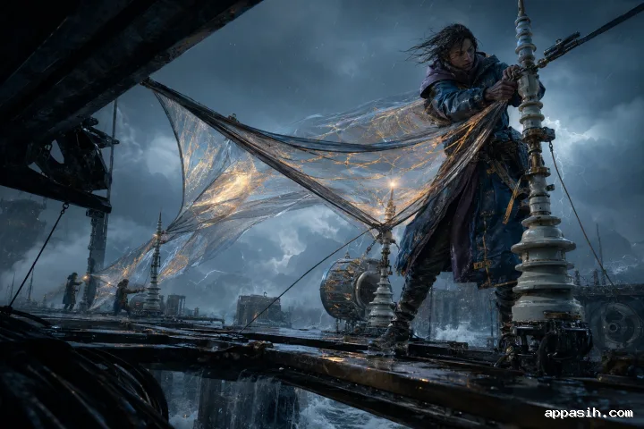 Cinematic landscape portrait of a rain-soaked gesture archivist securing a glowing translucent membrane on an elevated coastal terrace during a blue-hour storm.