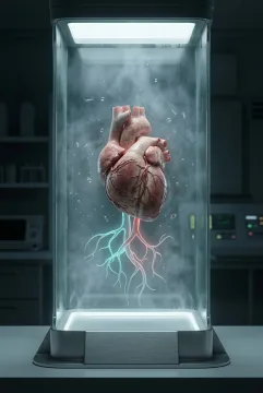 Surreal human heart suspended in a biomedical chamber with luminous translucent vascular roots in a misty laboratory.