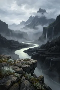 Mistbound basalt valley with a softly luminous winding river, dark layered rock terraces, thin waterfalls, and distant mountains in portrait Concept Art.