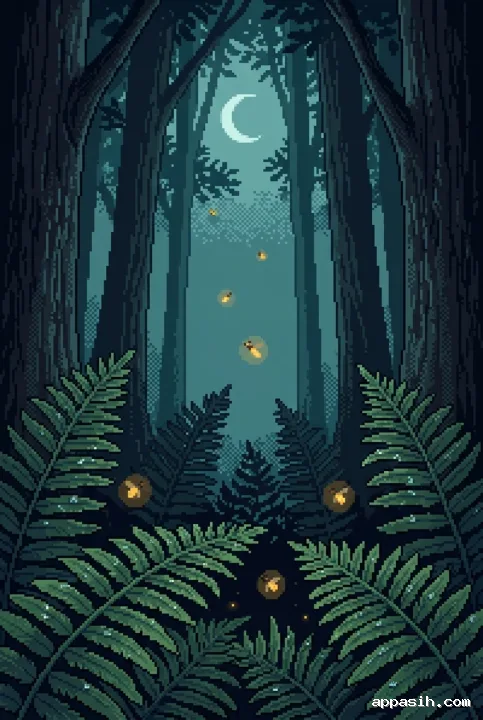 Retro Pixel Art close view of glowing fireflies drifting through wet ferns beneath a crescent moon in a dark forest grove.
