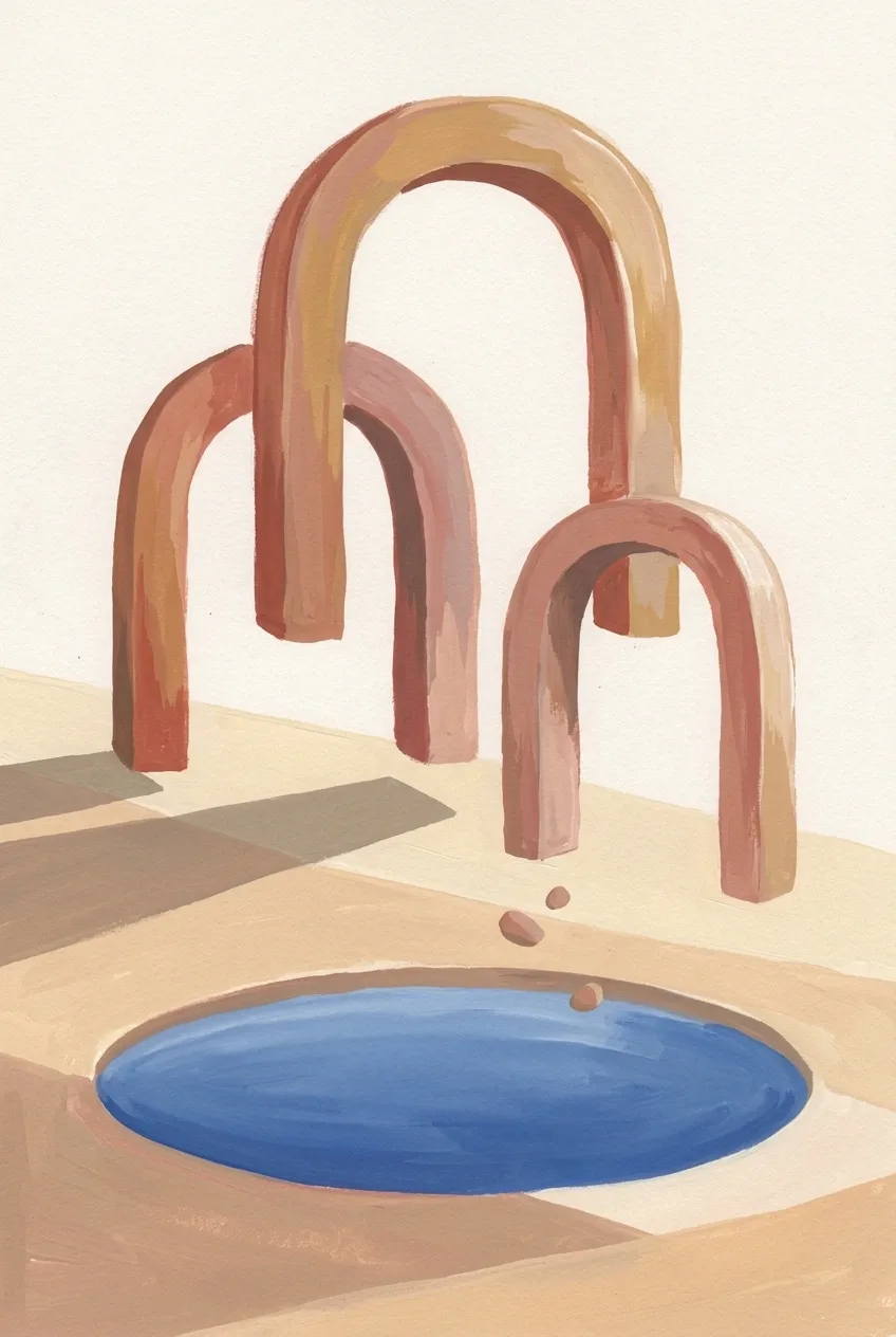 Abstract gouache painting of terracotta floating stone arches above a cobalt-blue pool in a layered mineral landscape.