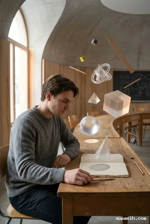 Closer three-quarter view of a student studying translucent floating geometric solids at a wooden desk inside the same surreal classroom with curved architecture and soft daylight.
