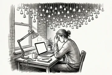 Ink drawing of a remote worker at a home desk beneath a crowded canopy of suspended notification bells representing digital overload.