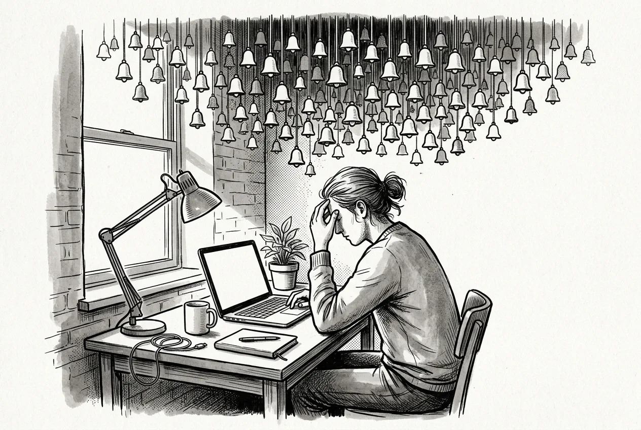 Ink drawing of a remote worker at a home desk beneath a crowded canopy of suspended notification bells representing digital overload.