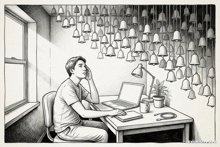 Detailed ink drawing of the same remote worker looking toward suspended notification bells above a home desk, symbolizing constant digital pressure.