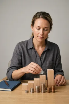 Small business owner arranging wooden cash-flow blocks and stacks of coins on a desk in a neutral photography studio.