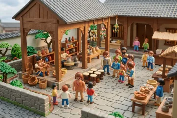 3D Plastic Toy Style miniature heritage courtyard festival with artisans, traditional drums, woven decorations, pottery, craft stalls, and families.