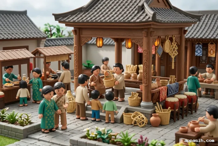 Detailed 3D Plastic Toy Style heritage courtyard festival showing miniature artisans weaving and making pottery beside traditional drums, craft stalls, and gathering families.