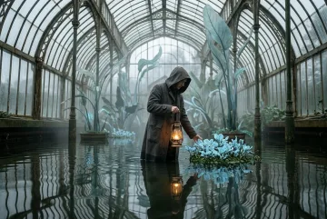 Surreal lantern keeper standing in shallow water inside a flooded glasshouse with luminous floating plants, translucent giant leaves, mist, and warm reflections.