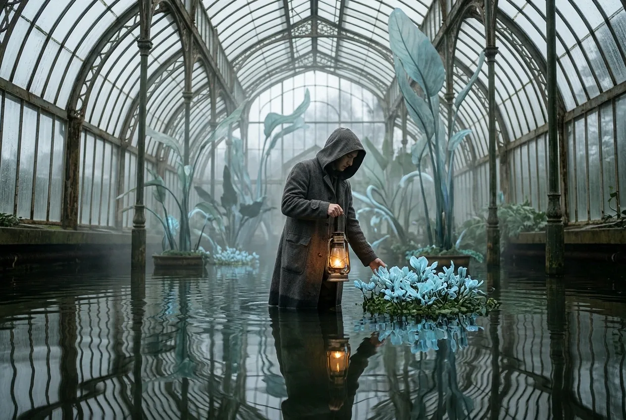 Surreal lantern keeper standing in shallow water inside a flooded glasshouse with luminous floating plants, translucent giant leaves, mist, and warm reflections.