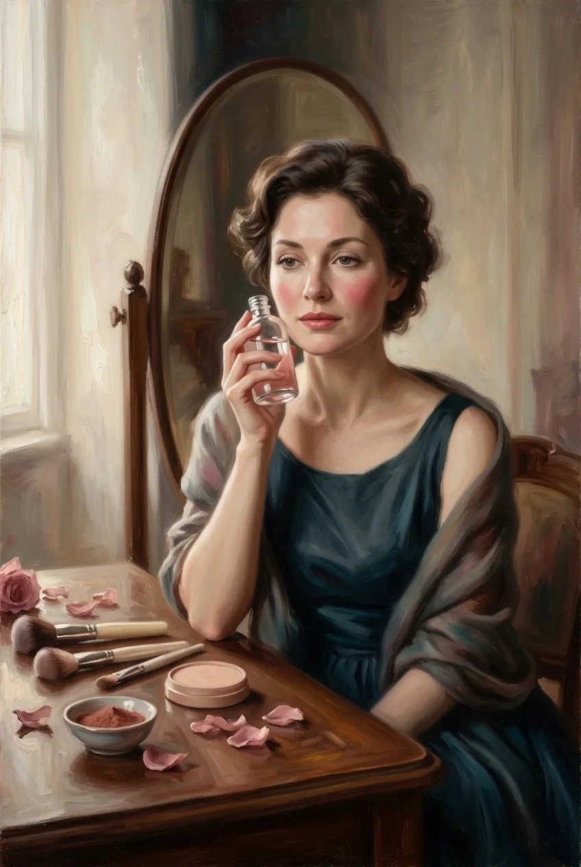 Oil painting of a woman holding a glass rosewater bottle at a vintage vanity with cosmetic brushes and rose petals.
