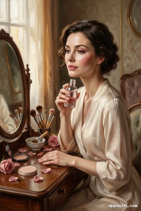 Close three-quarter oil painting of a woman holding a rosewater bottle at a vintage vanity with cosmetic brushes and dusty-pink rose petals.