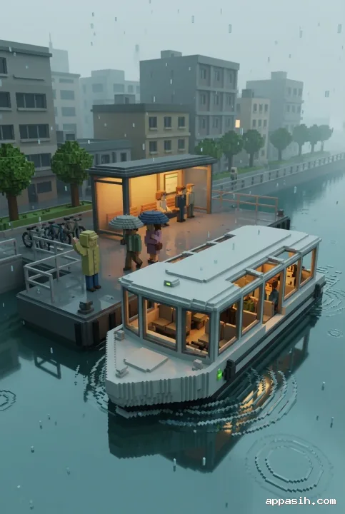 Detailed 3D voxel art electric river ferry approaching the same rainy urban dock as commuters prepare to board beneath warm shelter lights.