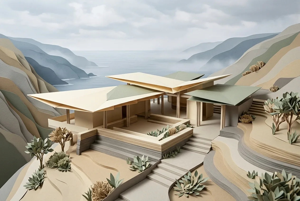 Layered papercraft cliffside cultural pavilion with cantilevered roofs, terraced paths, landscaped courtyards, misty hills, and a distant sea.