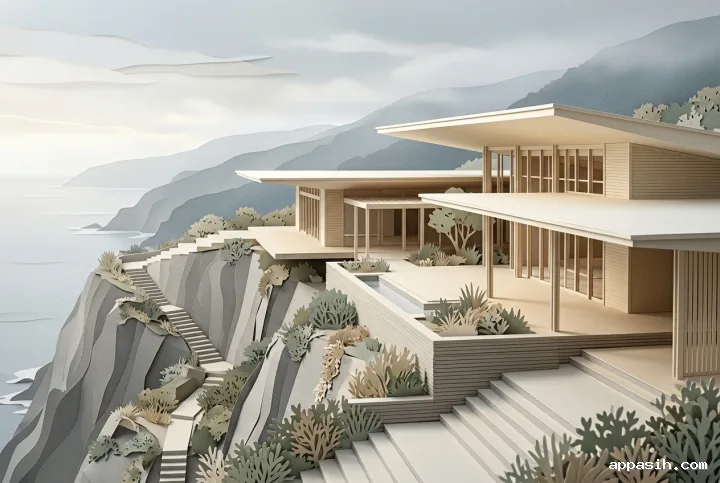 Closer three-quarter view of a layered papercraft cliffside cultural pavilion with cantilevered roofs, terraced courtyard, paper vegetation, misty coastal hills, and distant sea.