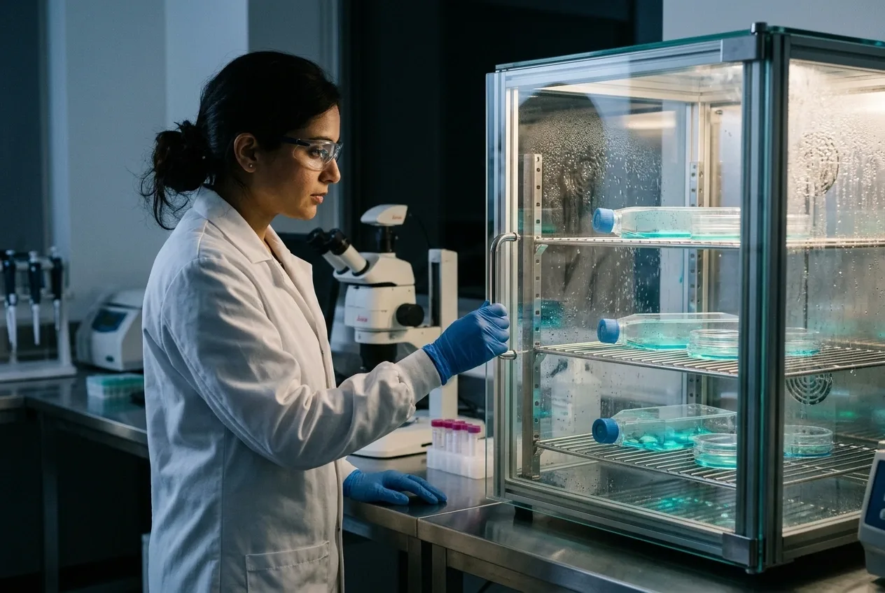 Scientist observing softly glowing cell culture flasks inside a transparent biomedical laboratory incubator.