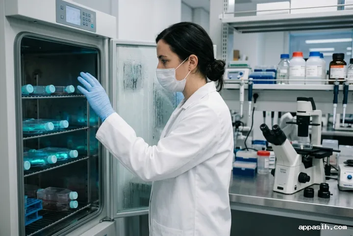 Closer fine art photographic view of a scientist examining blue-green glowing cell culture flasks inside the same glass biomedical laboratory incubator.