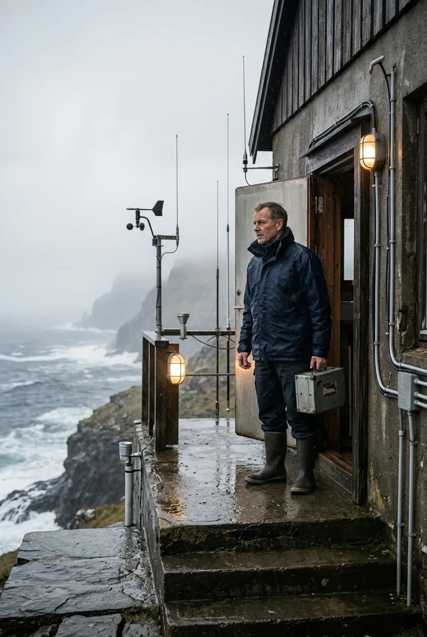 Weather station keeper standing at a rain-soaked cliffside observatory above a foggy stormy ocean.